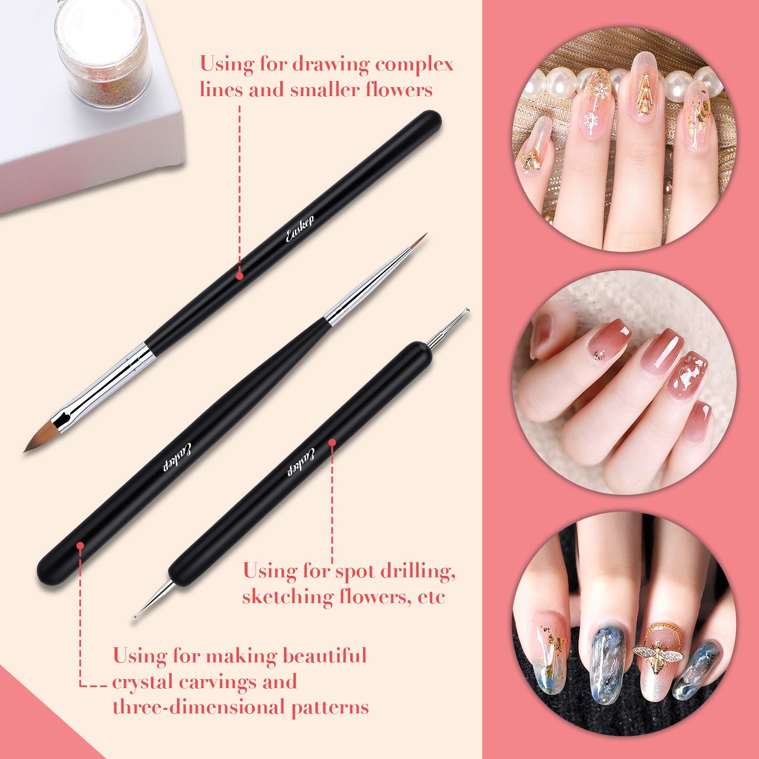 Easkep Acrylic Nail Art Brush, Art Design Dotting Painting Pen Set Nail Art Tips Builder Brush Nail Painting Brush Pen Set Nail Art Dust Remover Brushes Powder 6 PCS : Beauty