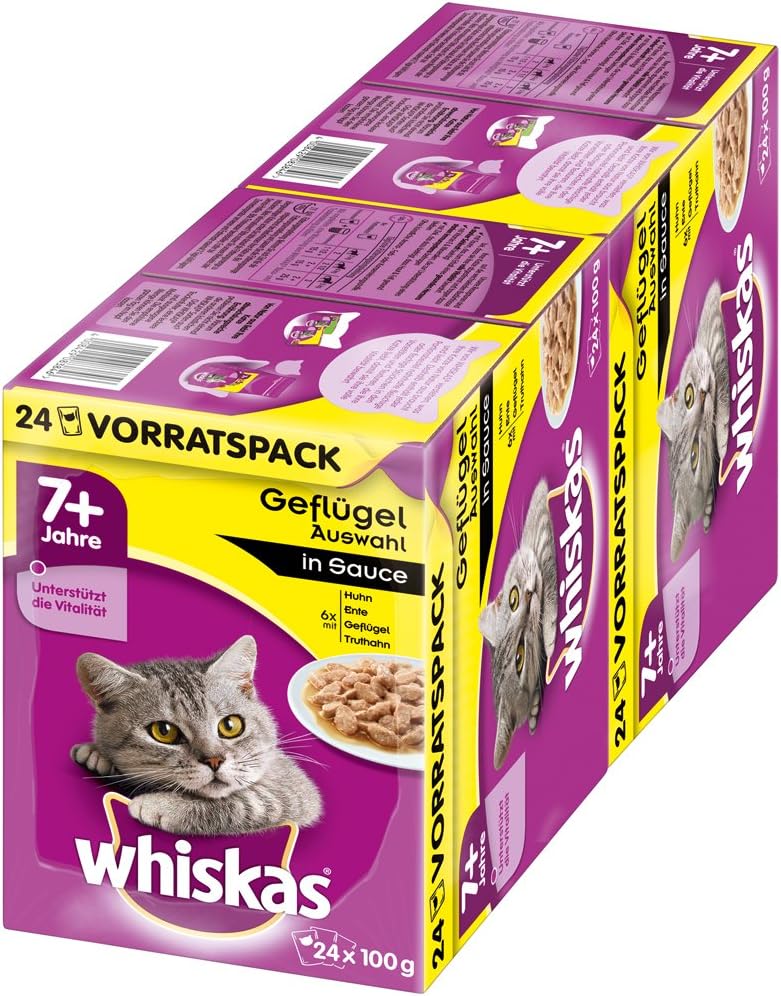 whiskas 7 + cat food, wet food for healthy coat, wet food in various