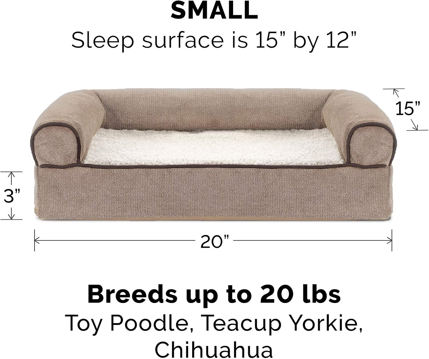 Furhaven Pet Dog Bed - Orthopedic Faux Fleece and Chenille Soft Woven Traditional Sofa-Style Living Room Couch Pet Bed with Removable Cover for Dogs and Cats, Cream, Small : Pet Supplies