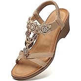TETSUO Women Wedge Sandal Flower Low Heels Sandals Comfortable Summer Beach Walking Rhinestone Shoes for Women Open Toe Ankle Elastic Back strap T-Strap Dressy Bohemian Shoe