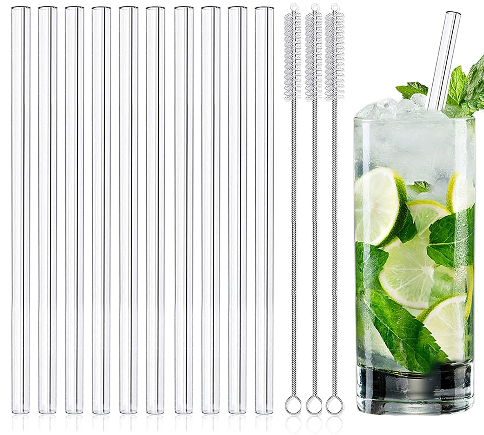 10 x Glass Drinking Straws Straight Handmade Reusable Clear Straws Set with 3 Brushes - Healthy Eco Friendly Free of BPA Glass Straws (Transparent, 10 Straight)