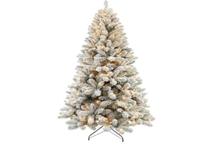 ZEARNA Pre-Lit Artificial Christmas Tree with Lights 6ft, Holiday Party Decorations Indoor with 874 Branch Tips, Hinged Snow Flocked Xmas Tree with Foldable Stand, Easy Assembly, Metal Reinforced Base
