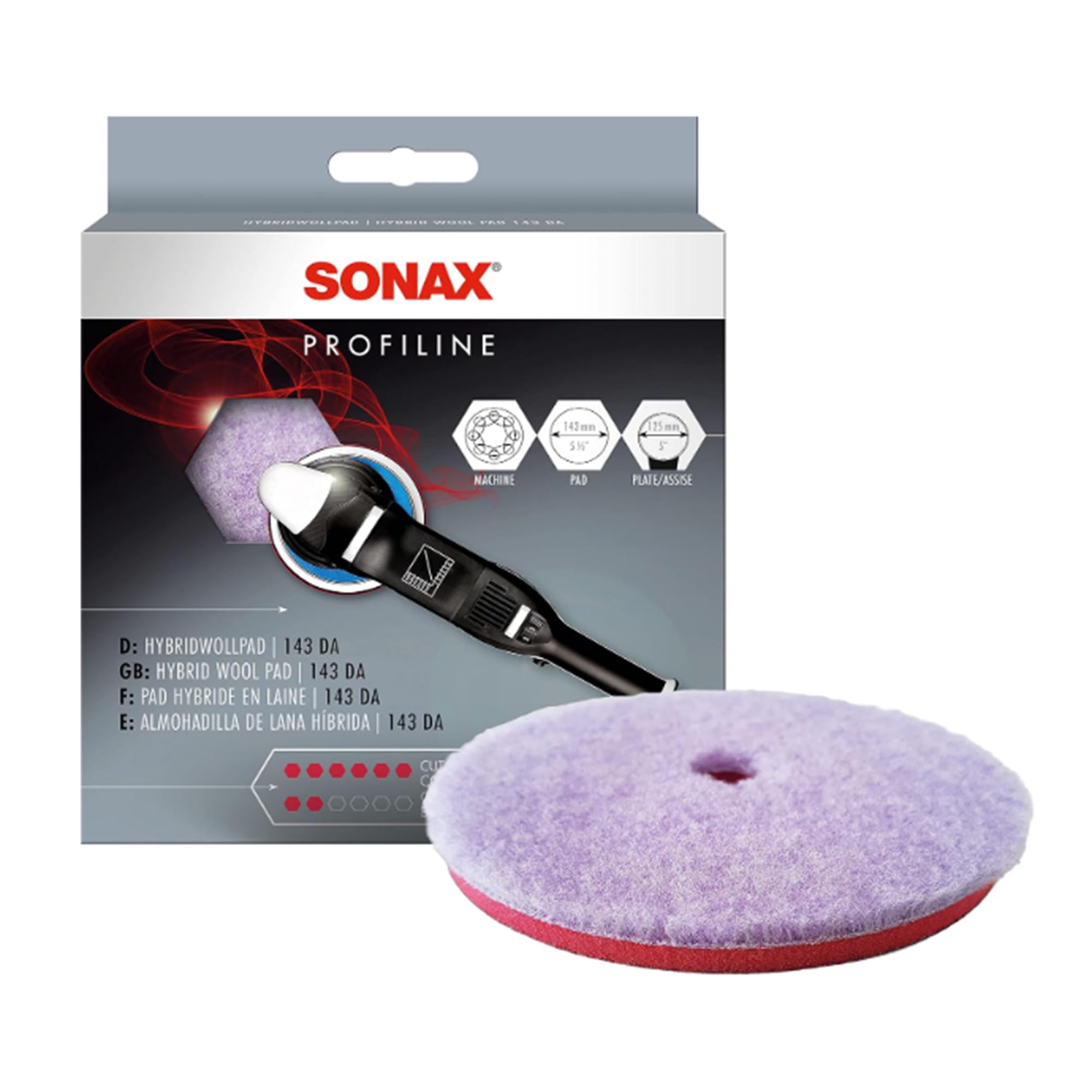 Sonax HybridWollPad 143 DA (1 piece) for eccentric polishing machines for removing deep scratches and matting, item no. 04938000