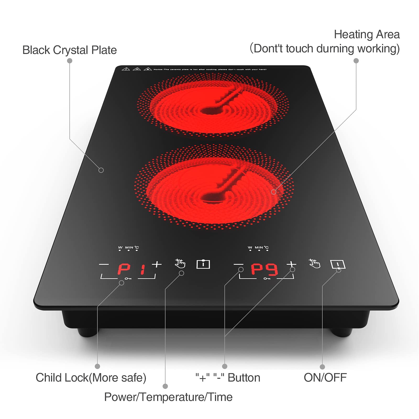 Electric Cooktop 2 Burners 2100W, 110v-120v Electric Stove Top 12 inch, Countertop & Built-in Cooktop, 20 Temperature 9 Power Levels, Child Lock, Timer, Over-Heat Protection