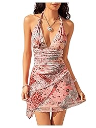 BEAUDRM Women's Floral Print Sleeveless Halter Deep