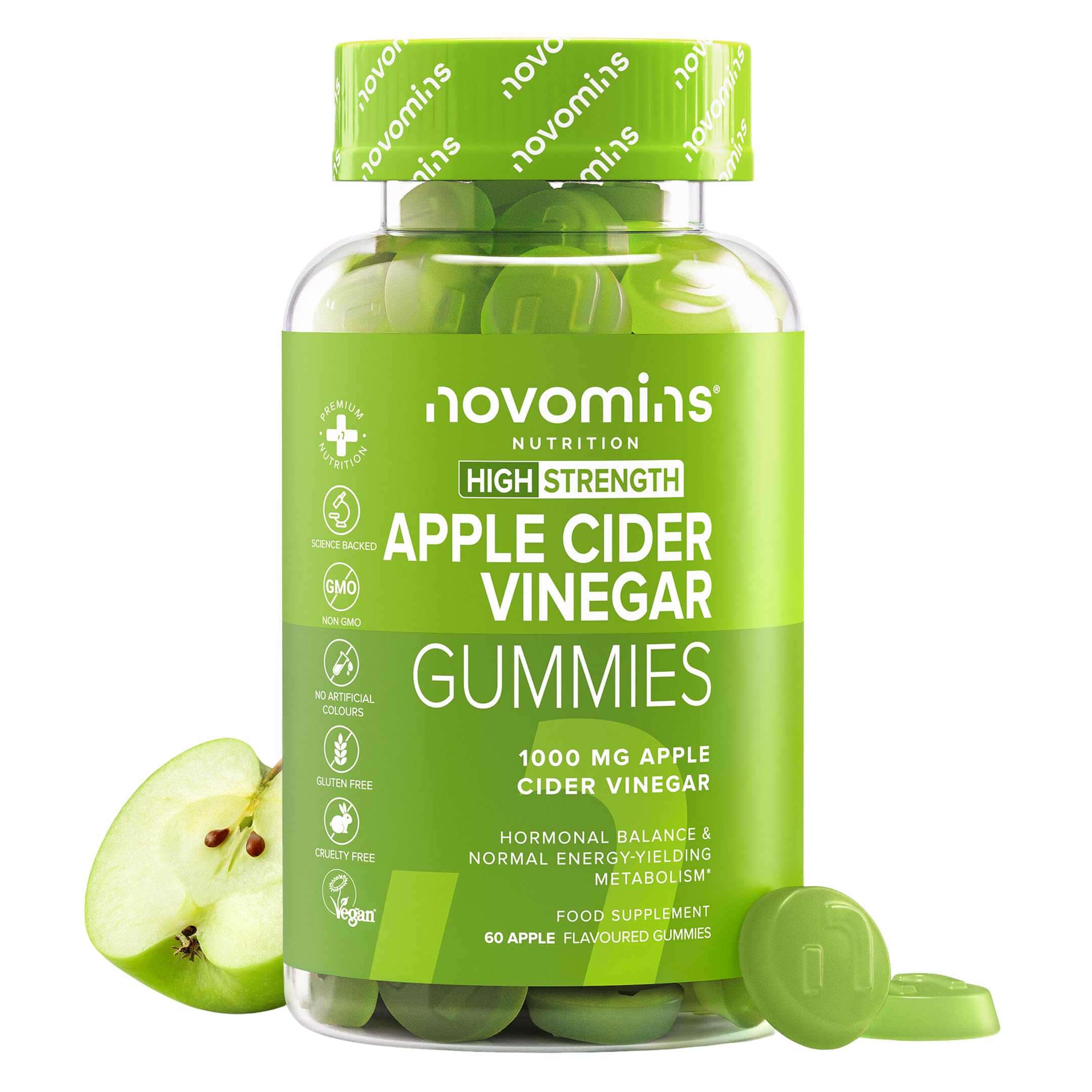 Apple Cider Vinegar with Mother - 1000mg ACV Gummies - Enriched with Vitamin B12, B6, D2-60 Vegan Gummies - Metabolism & Gut Health Support - Alternative to Apple Cider Vinegar Capsules - Novomins