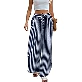 BMJL Womens Palazzo Linen Pants High Waisted Side Split Boho Beach Pant Summer Flowy Wide Leg Trousers