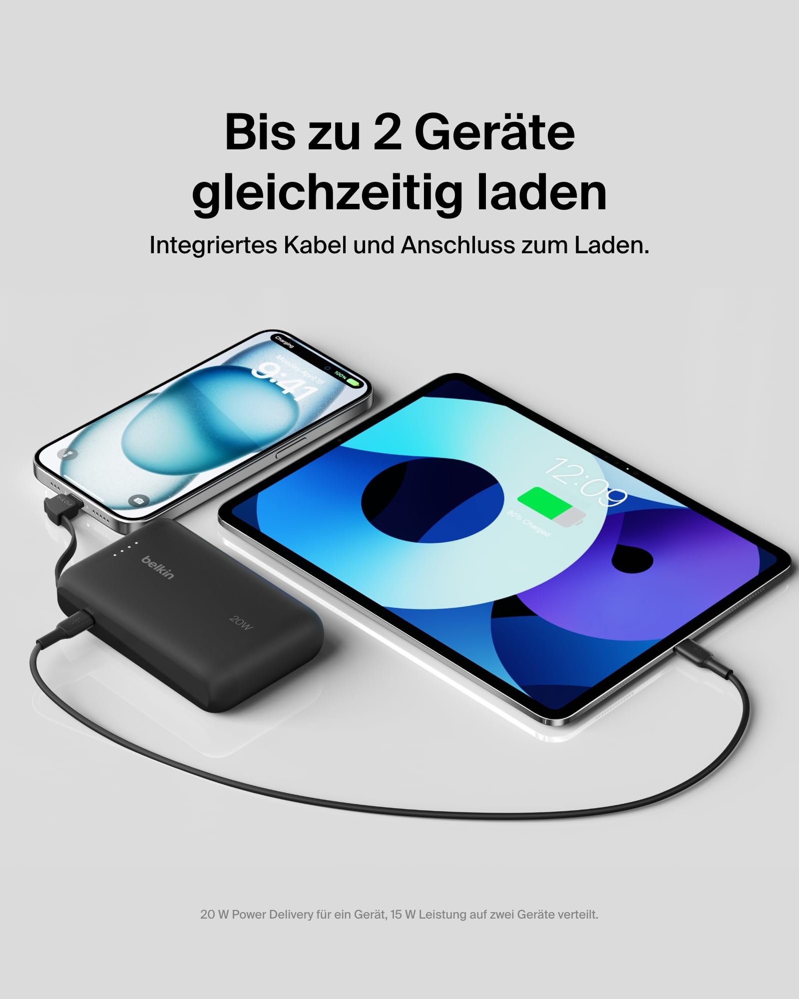 Belkin BoostCharge 10000mAh Power Bank, integriertes USB-C-Kabel – Schwarz 3