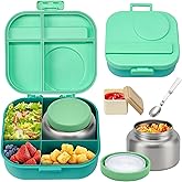 BOSEDSANG Bento Lunch Box with 12oz Soup Thermo,4 Compartments Lunch Box Containers, Spoon&Sauce Jar, BPA Free&Leak proof,Insulated Food Jar for Travel (Green)