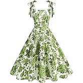 Women's Elegant Rockabilly 1950s Retro Dress Tie Knot Square Neck Floral Print Midi Swing Cocktail Dresses