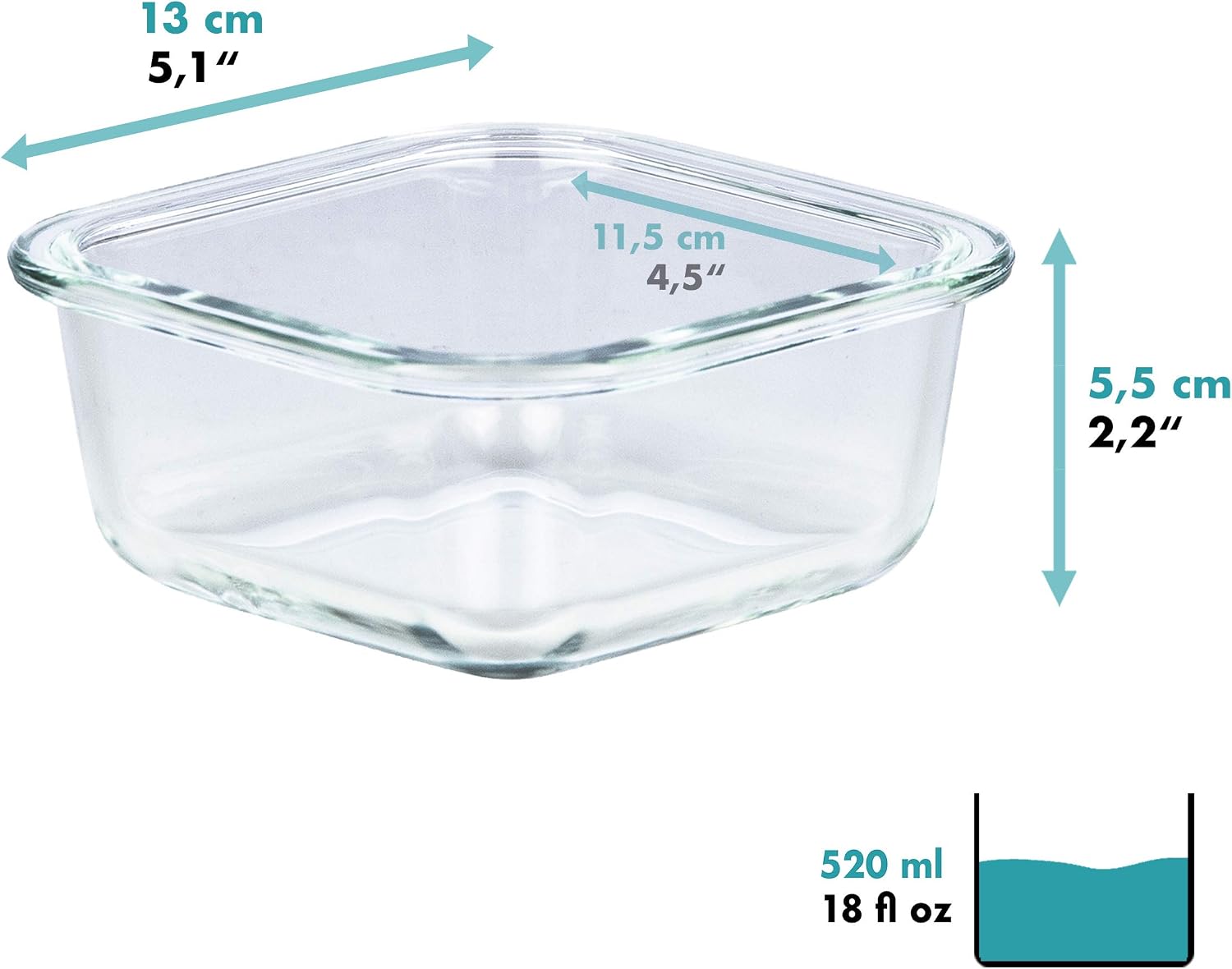 Grizzly Glass Food Storage Container Set - Ovenproof Dish with Lids - 6 x 520 ml (18 oz) Square - Air and Liquid Tight - Image 4