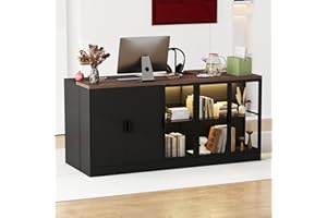 ROMSHINE Glass Reception Desk for Retail & Checkout, 77.6 inch Front Desk with Drawers, 3 Color LED Light & Display Shelf, Retail Checkout Counter Table for Shop, Salons, Reception Room, Black