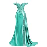 Off Shoulder Satin Prom Dresses 2026 Mermaid Beaded Formal Dresses Corset Lace Pleated Evening Dress with Slit Tail