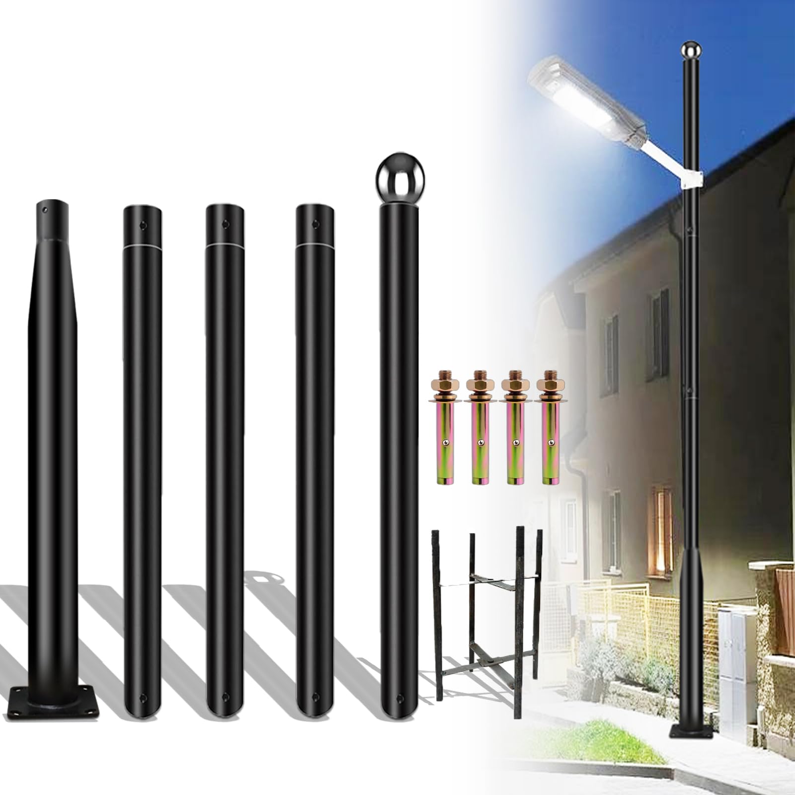 Photo 1 of ***FACTORY SEALED***BeoYjVon 16Ft Tall Street Light Pole - Outdoor Metal Split Heavy Duty Street Lamp Post for Outside Large Solar Street Lights with Mounting Rebar Cage Base Accessory for Parking Backyard Patio Yard