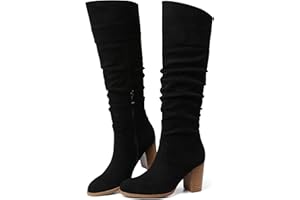 Erocalli Suede Knee-High Boots Fall Boot For Women Chunky Block High Heel Slouch Fashion Boot Round Toe Side Zipper