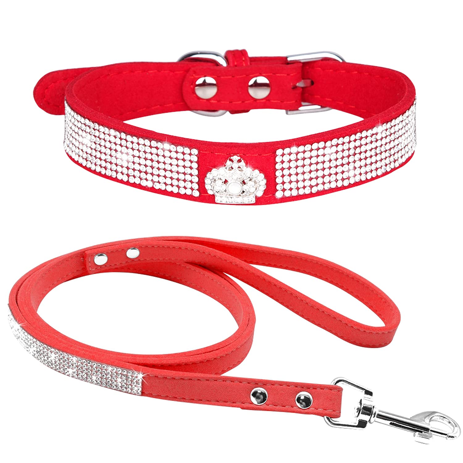 haoyueer Rhinestone Dog Collar, Cute Dazzling Sparkling Soft Suede Leather Dog Cat Rhinestone Collar Leash Crystal Diamond Pet Dog Puppy Collar (S, Red-4)