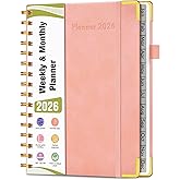 2026 Planner, Hardcover Leather Weekly and Monthly Planner, January 2026 - December 2026, Spiral Yearly Agenda Organizer Book 2026 with Tabs, Daily Calendar Planners for School Work Home, A5 (5.75" x 8.38"), Pink