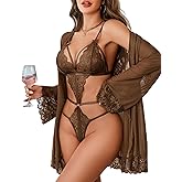 Avidlove Women Sexy Lingerie Set 2 Piece Lace Teddy with Mesh Kimono Robe Bodysuit Nightgown