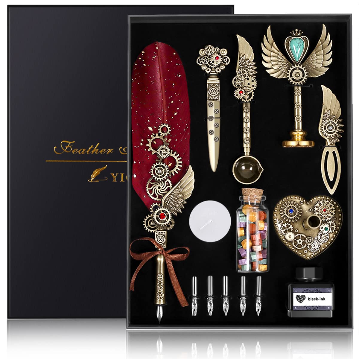 YICMY Quill Pen and Ink Set, Feather Pen Calligraphy Set, Mechanical Gears Wings Design with Wax Seal Stamp Set, Gifts for Handwriting Lovers Birthday Christmas Valentine’s Day