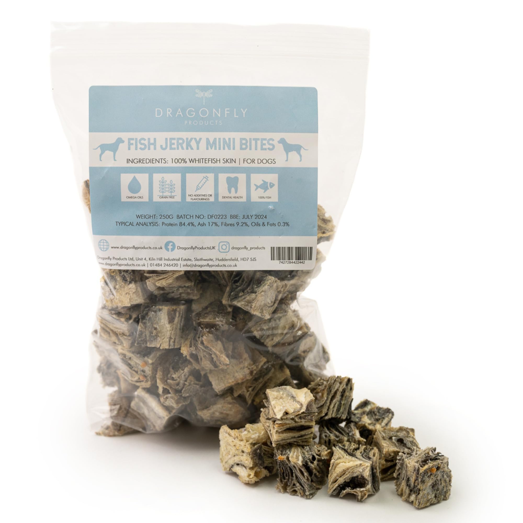Dragonfly Products Dried Fish Dog Treats | 500g (approx. 120 pieces) | Whitefish Skin Jerky Cubes | Small to Medium Breeds | Natural, Healthy, Grain Free & Low Fat Chew