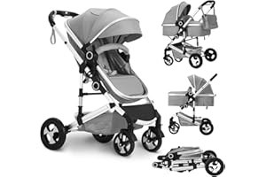 TODEFULL Convertible Baby Stroller, 3 in 1 Folding Infant Stroller, High Landscape Pushchair w/Adjustable Backrest & Canopy, Newborn Pram with Foot Cover, Storage Basket, Light Grey