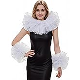 ANDHOM Renaissance Victorian Ruffle Collar and Wrist Cuffs Set Organza Colonial Clown Choker Neck Collar Cuff