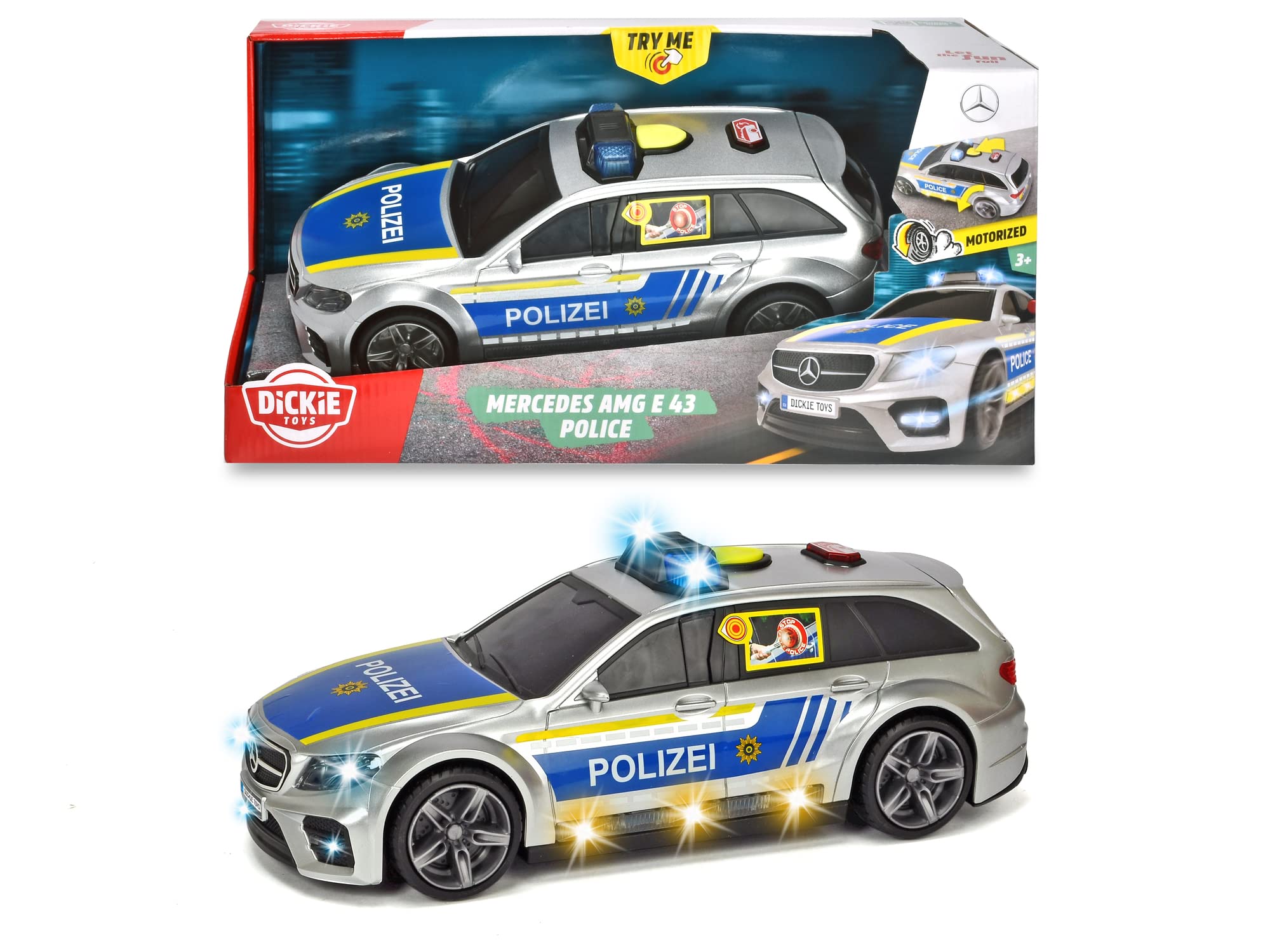 Dickie Toys Mercedes-AMG E43 police car, police, engine. Toy car, tailgate opens at the touch of a button with dog barking sound effect, batteries included, 30 cm, silver/blue (English or German)