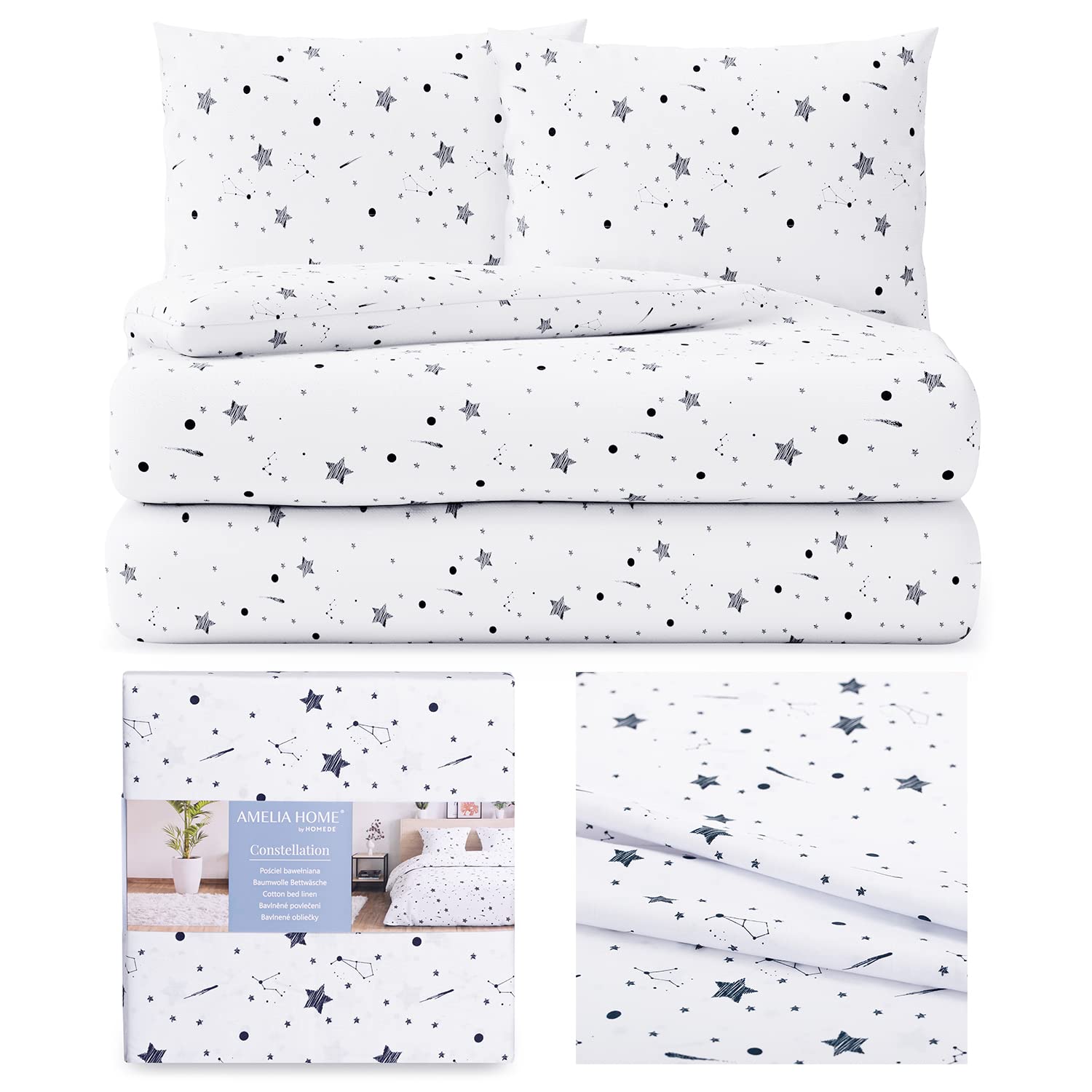 AmeliaHome 3-Piece Bed Linen 200 x 200 cm with 2 Pillowcases 80 x 80 cm 100% Cotton Zip Averi Star Pattern Constellation