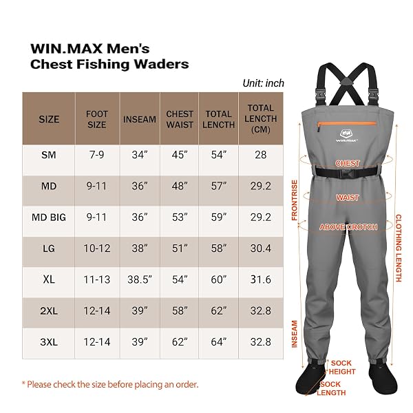 WIN.MAX CHEST FISHING WADERS FOR MEN AND WOMEN, 3-PLYER NYLON WATERPROOF LIGHTWEIGHT WADERS WITH 4MM NEOPRENE STOCKINGFOOT (XL)