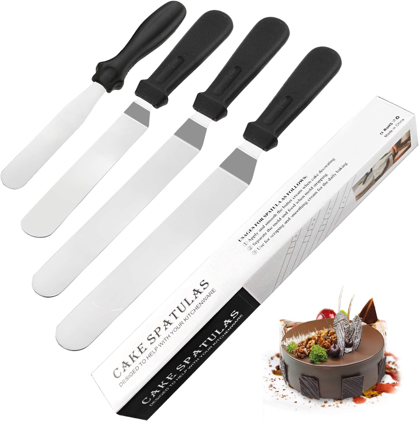 WisFox Winkelpalette Edelstahl Streichpaletten 4-Teiliges Kuchenmesser Tortenmesser Icing Spate mit 1 Gerade Spatel 3 abgewinkelt für Torte, Gebäck, Muffins,Backen