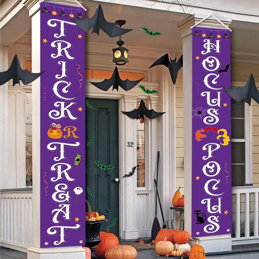 Yard Signs - Halloween Decorations Outdoor, Halloween Decor, Trick Or Treat Hocus Pocus Large Witch Purple Banners Porch Signs With 3D Bats Glow in the Dark, For Front Door Outside Yard Garland Party Supplies