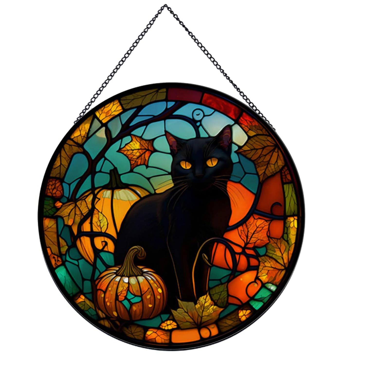 Payutou Black Cat Pattern Suncatcher Stained Glass,Hanging Stained Glass for Windows for Cat Lovers,20cm/7.87inch Hand-Painted Sun Catcher Garden Hangings Halloween Fall Christmas Decor for Home