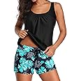 Aqua Eve Two Piece Women's Tankini Swimsuits Blouson Swim Tank Top with Shorts Modest Bathing Suits