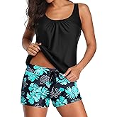 Aqua Eve Two Piece Women's Tankini Swimsuits Blouson Swim Tank Top with Shorts Modest Bathing Suits