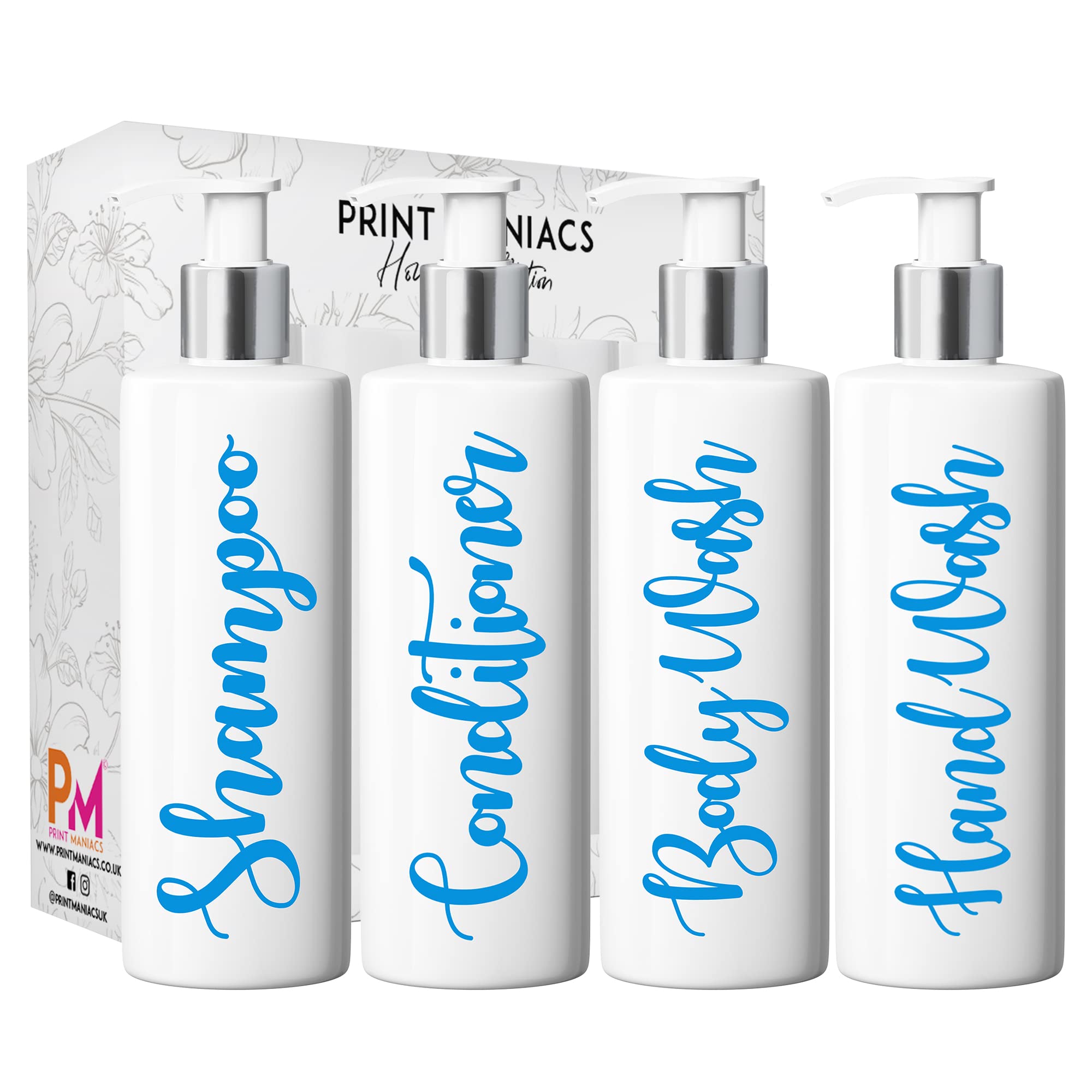 Print Maniacs White Mrs Hinch Inspired Personalised 500ml Pump Bottles Bathroom Lotion Kitchen Set Shampoo Conditioner ( Hand Wash Set ) (Blue)