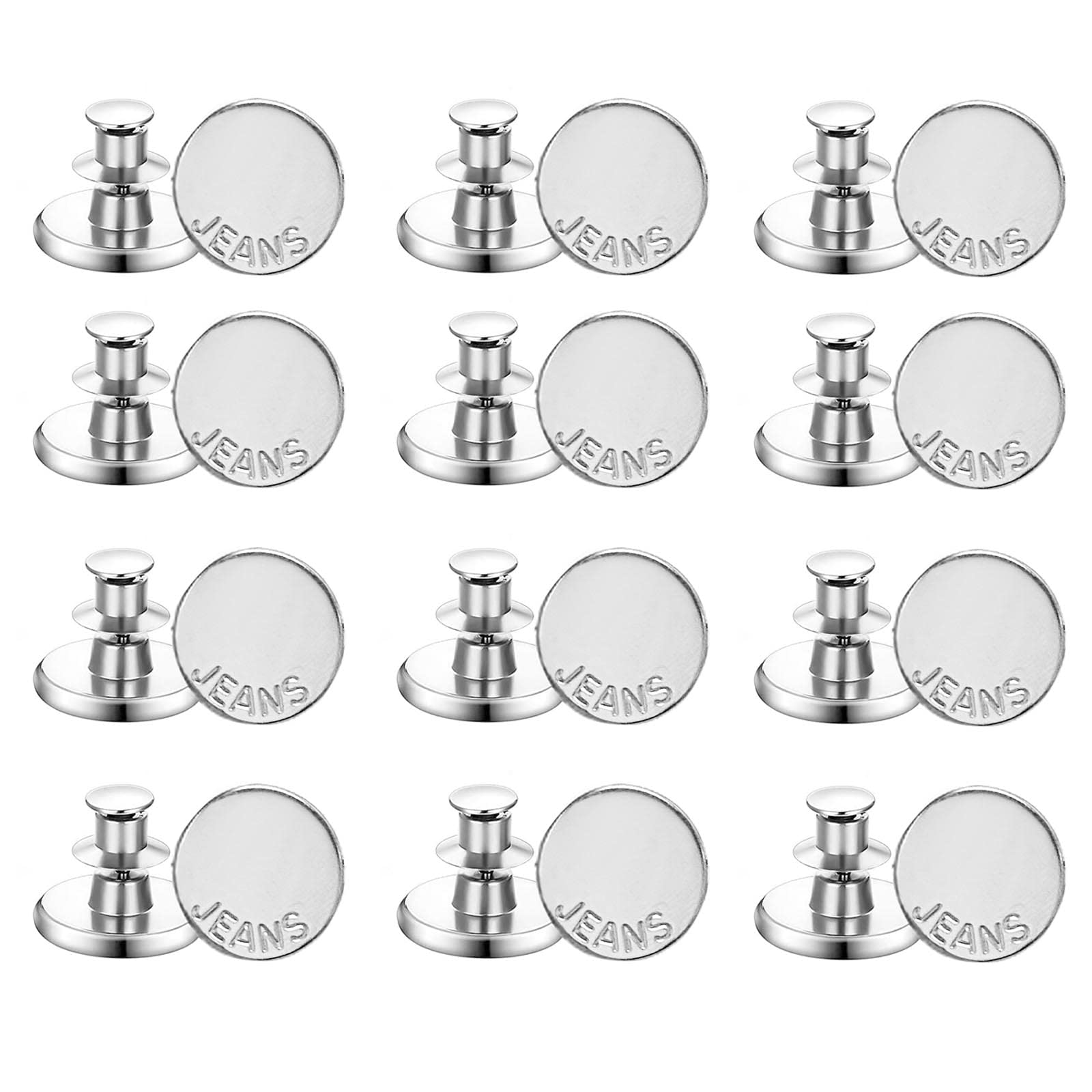 SyiXute Pack of 12 jeans buttons without sewing, 17 mm trousers replacement buttons, alloy removable buttons, adjustable jeans button, metal trouser button to expand or reduce trouser size (silver)