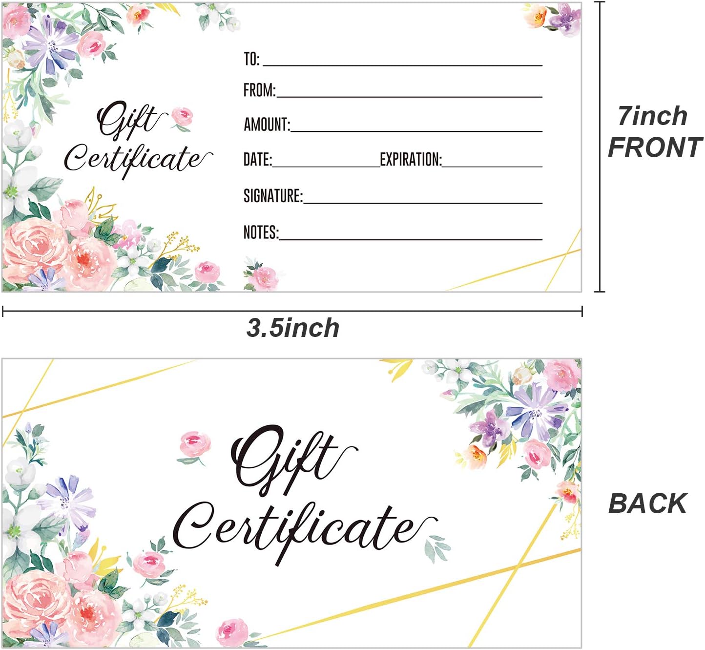 Outus 50 Pcs Blank Gift Certificate for Business Floral Certificate Card 3.5 x 7 Inch Double Sided Custom Voucher Card for Client Business Beauty Spa Salon Restaurant Wedding Bridal Birthday - Image 3