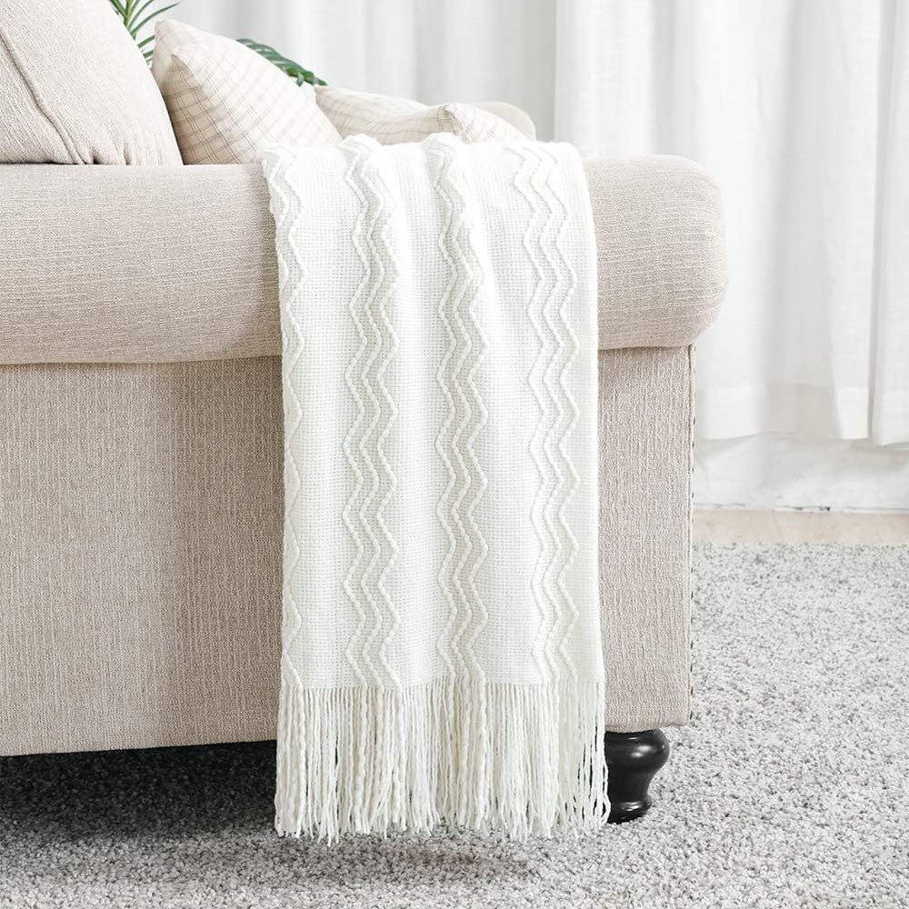 Bourina Throw Blanket Textured Solid Soft for Sofa Couch Decorative Knitted Blanket, 50" x 60",Off White: Home & Kitchen