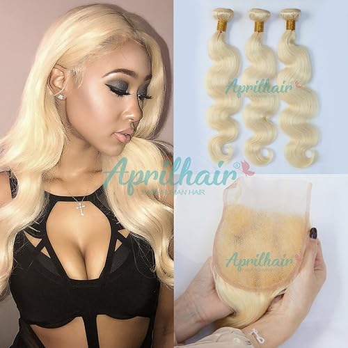 Aprilhair #613 Blonde Body Wave Brazilian Virgin Human Hair 3 Bundles With Free Part 4x4 Lace Closure (10+10 10 10)