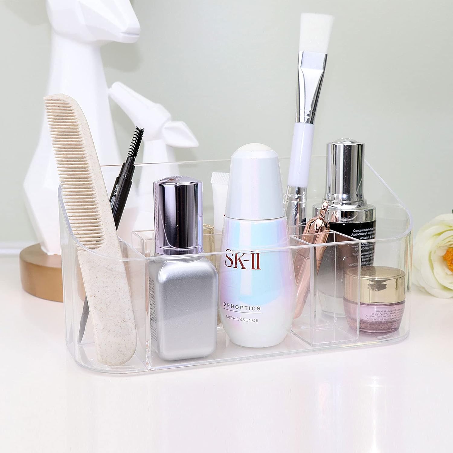 Clear Makeup Organizer for Vanity, Plastic Cosmetic Storage Display Case, 9 Spaces Compartments Palette Organizer Holders for Lipstick, Makeup Brush, Skin Care Products, Small: Home Improvement