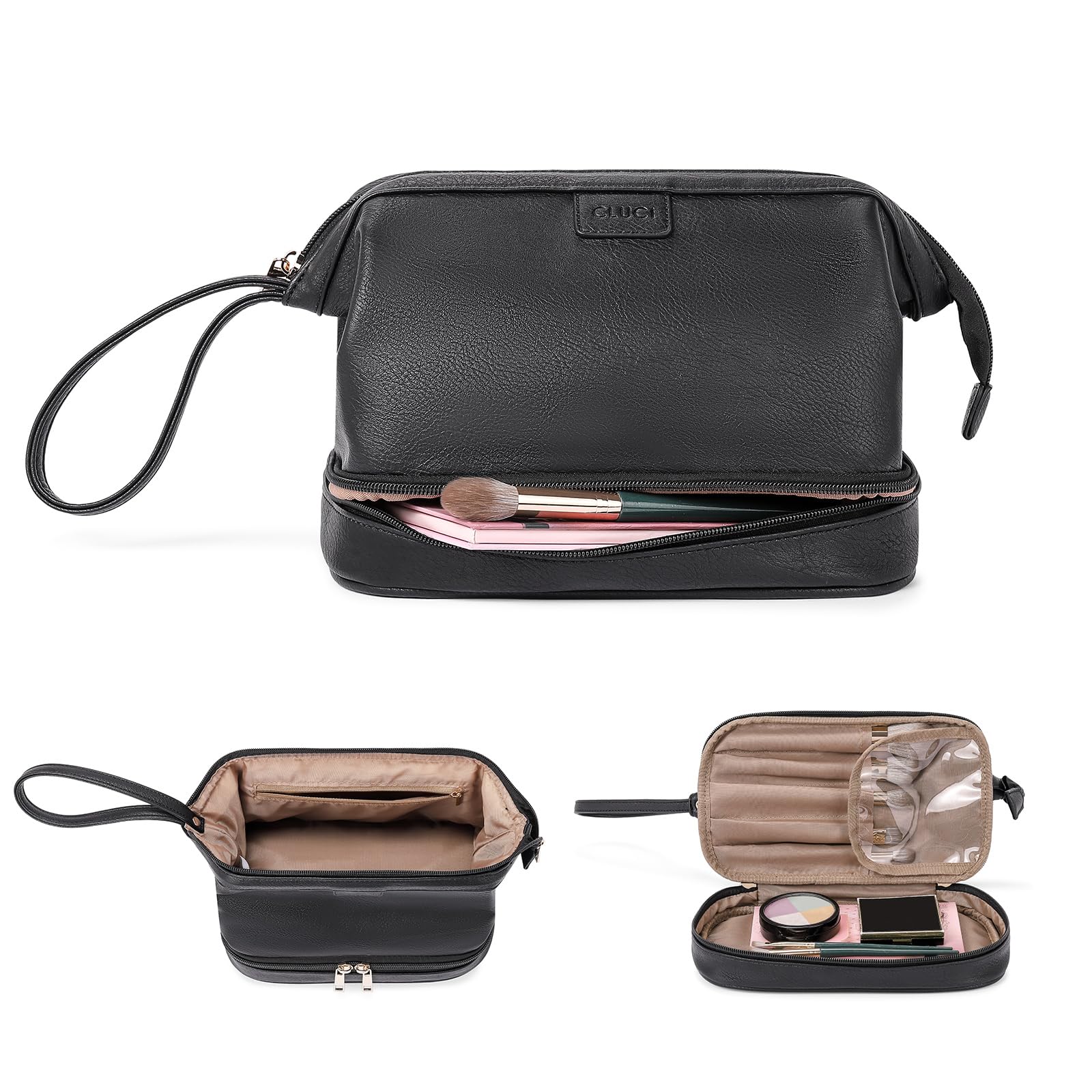 CLUCI Travel Makeup Bag, Double Layer Cosmetic Bag for Women, Large Capacity Makeup Organizer, Portable PU Leather Cosmetic Travel Bags,Water-resistant Traveling Toiletry Bag for Women and Girls