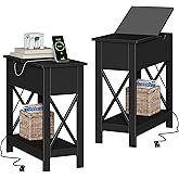 ChooChoo End Table with Charging Station, Narrow Flip Top Side Table with USB Ports & Power Outlets for Small Spaces, Nightst