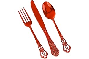 Joyido 150PCS Red Plastic Silverware - Elegant Disposable Utensils - Heavy Duty Vintage Red Cutlery Sets Includes 50Forks, 50Spoons, 50Knives for Catering Dinner Christmas Party Wedding