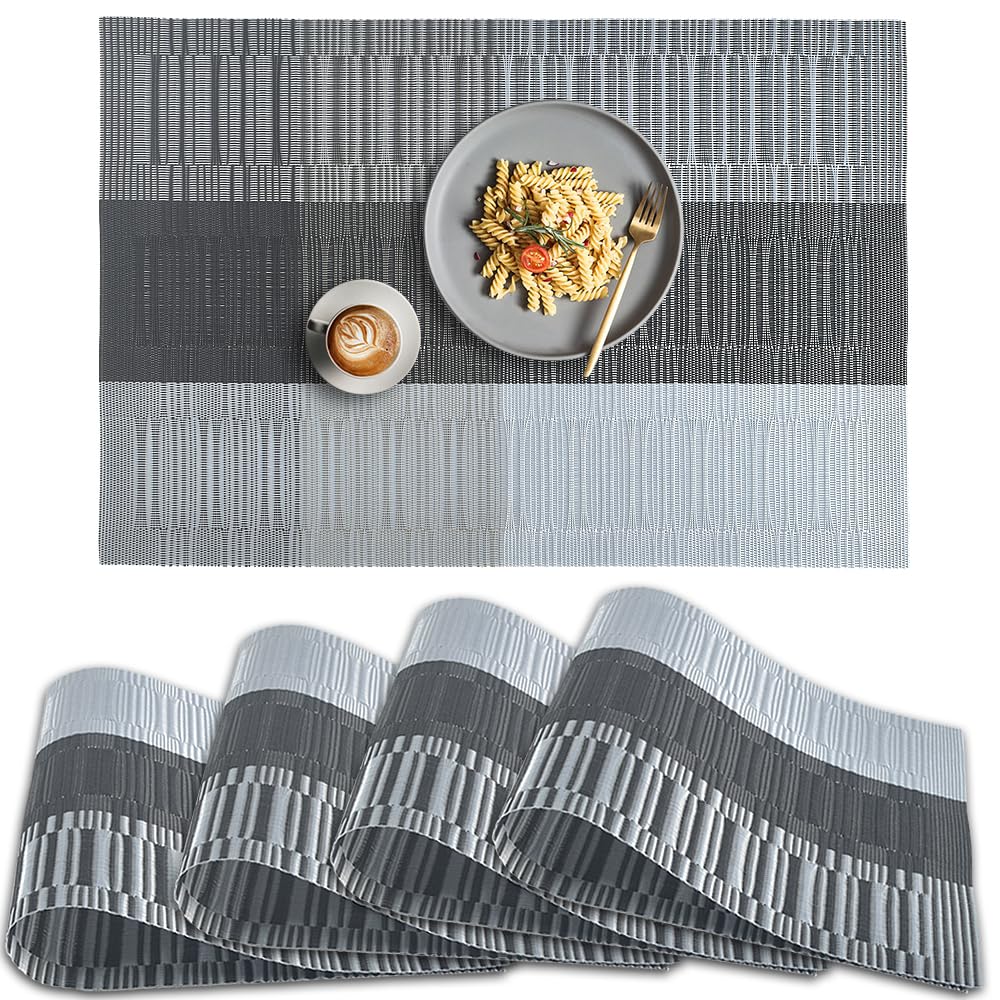 homEdge PVC Placemat, 4 PCS of Non-Slip Heat Resistant Place Mats, Washable Vinyl Placemats, Set of 4 – Ombre Silver Gray Black, 45 cm x 30 cm, 227PM40723
