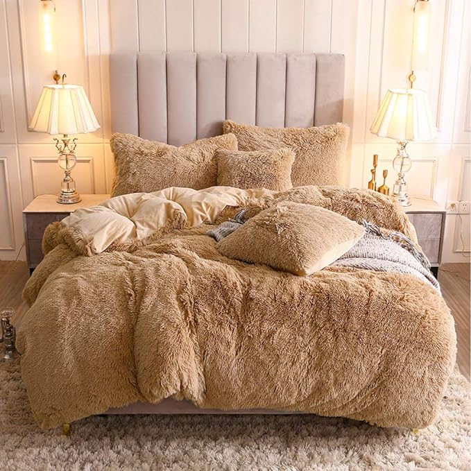 Uhamho Faux Fur Velvet Fluffy Bedding Duvet Cover Set Down Comforter Quilt Cover with Pillow