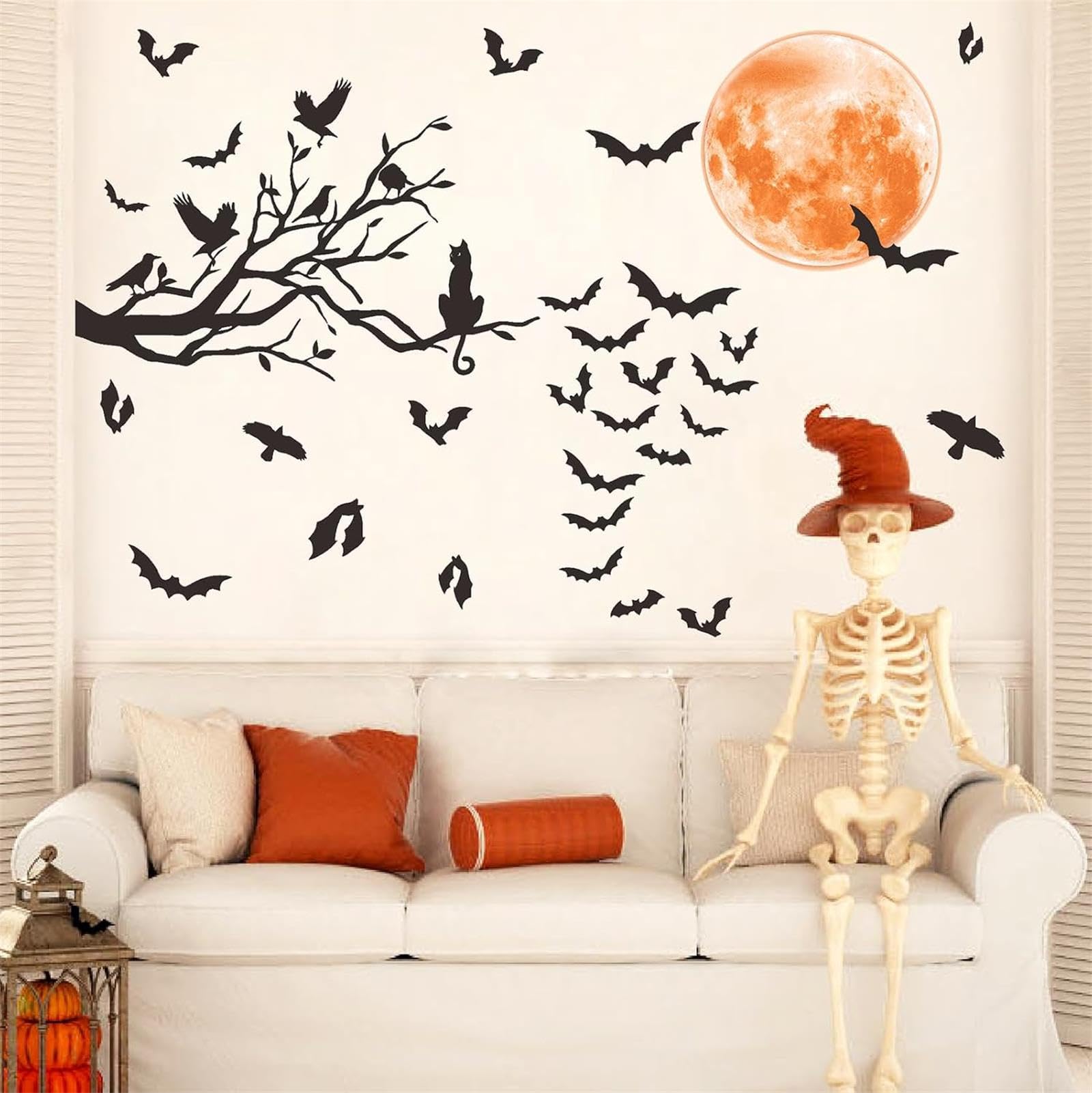MOSITU Moon Wall Stickers 33 Pcs Black Bat Crow Bird Tree Branch Decals Removable Vinyl for Bedroom Living Room Any Room Decor