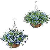 BCBLF Artificial Hanging Plants Flowers with Basket 2 Packs, Artificial Hanging Flowers for Outdoors, Faux Hanging Plants Outdoor, Blue Fake Flowers
