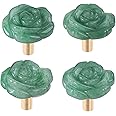 mookaitedecor Set of 4 Natural Green Aventurine Crystal Cabinet Knobs with Screws, Decorative Floral Stone Drawer Pulls for Dresser Door Kitchen