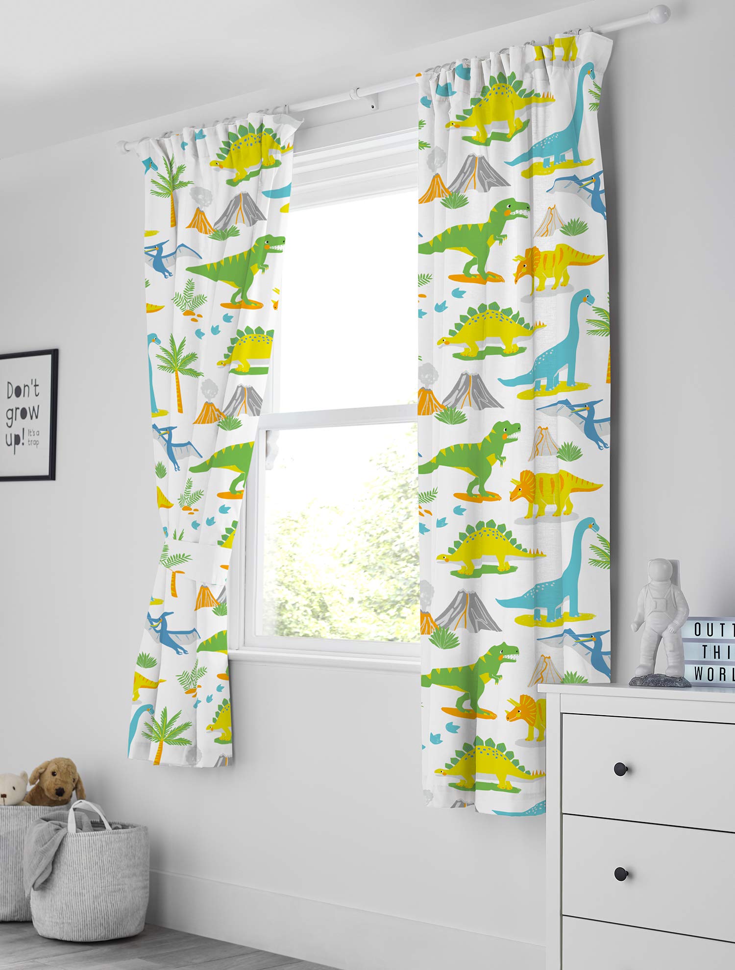 Bloomsbury Mill - Kids Curtains for Boys & Girls Bedroom - Jurassic Dinosaur Design - Lined Curtain Pair with Tiebacks - Nursery Curtains for Childrens Baby Room - 66X72 inch drop (168x183cm)