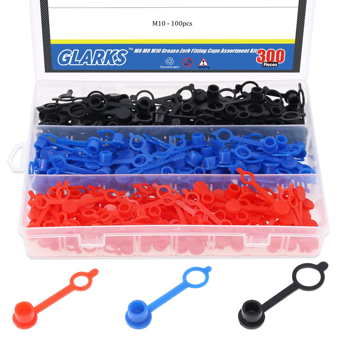 Glarks 300 piezas M6 (rojo) M8 (amarillo) M10 (negro) Kit surtido de tapas de ajuste Zerk de grasa Tapas de tornillo de purga de freno Cubierta antipolvo con retenedor
